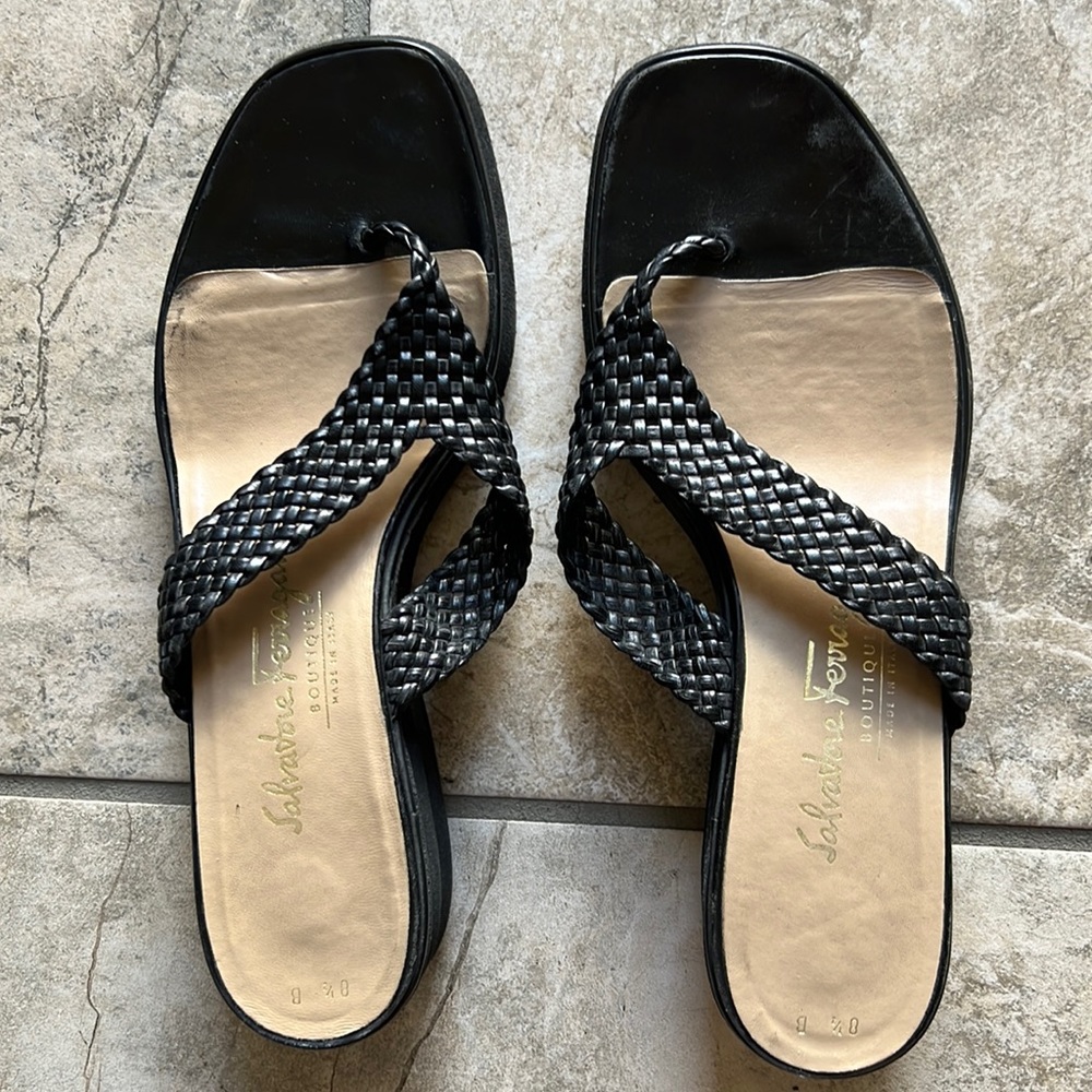 Salvatore Ferragamo Black Italian Leather Woven Strap Sandals 8-1/2 B.